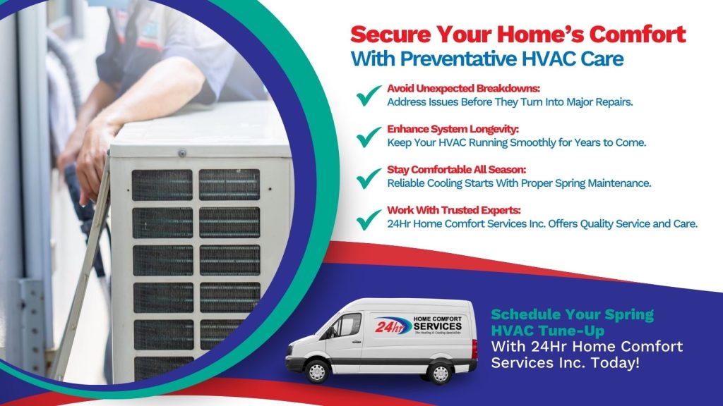 This is an image of an HVAC technician servicing and air-conditioning unit headline read secure your homes comfort with preventative HVAC care