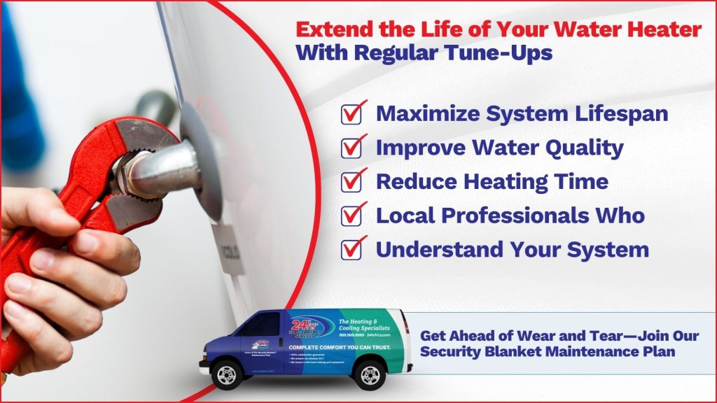 This is an image of someone fixing a water heater. The headline rates extend the life of your water heater with regular tuneups.
