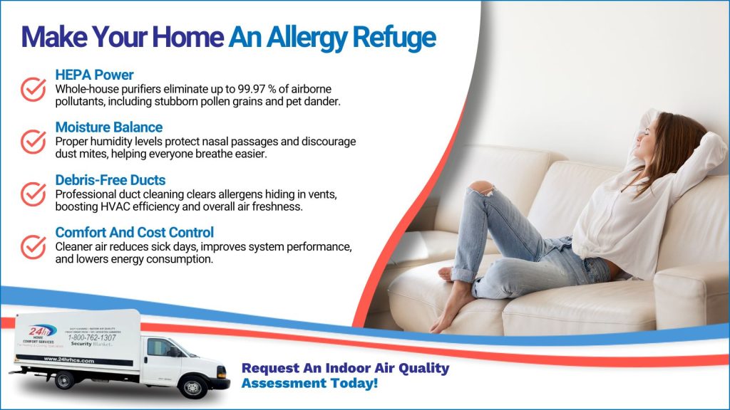 This is an image of a woman laying on the couch, enjoying the clean allergy free air. The headline reads make your home and allergy refuge.