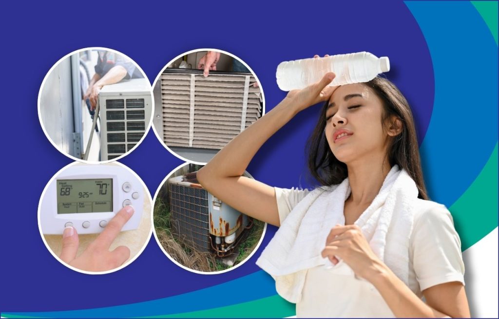 This is an image of a woman who is hot and sweaty overlaid on top of an HVAC technician working on AC unit changing a filter, adjusting a thermostat, and an old ac unit.