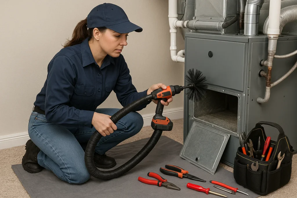 Technician using contact vacuum and mechanical brush inside ductwork access panel