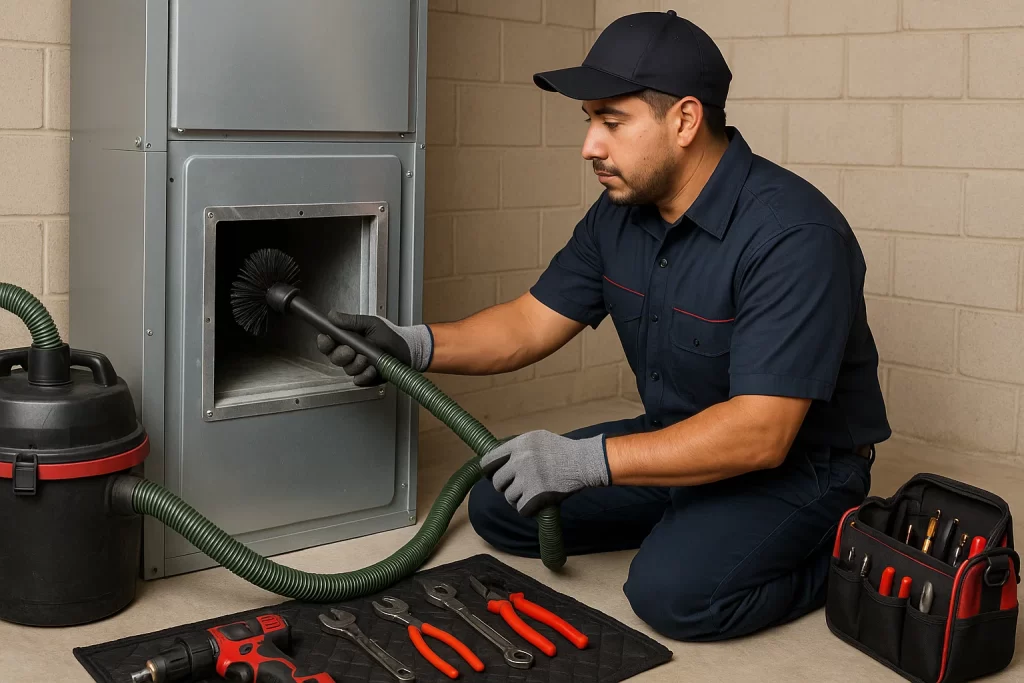 Mexican technician using vacuum and brush inside duct access panel in utility room