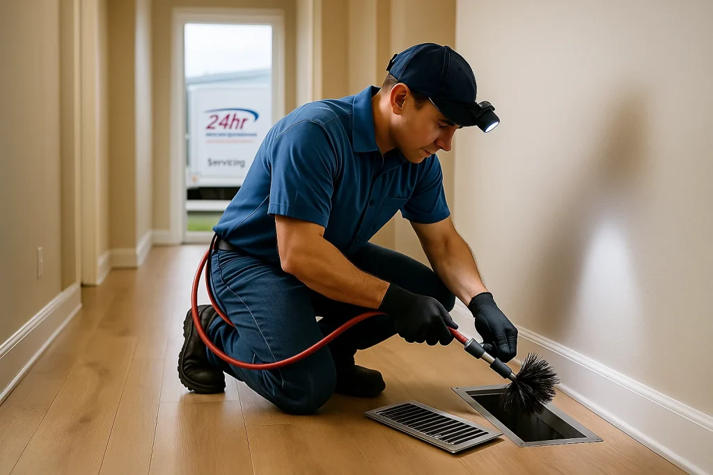 An image of an HVAC tech cleaning a heating duct in the floor