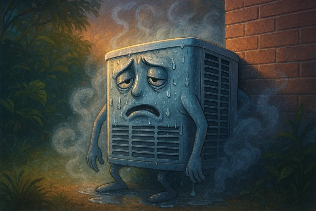 Anthropomorphic AC condenser unit with arms and legs, leaning tiredly against a house wall in a humid backyard at dusk, with condensation dripping and mist swirling around it.