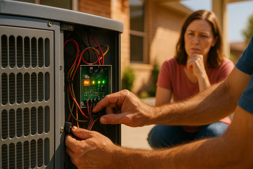 A women watching an HVAC tech service her AC unit.