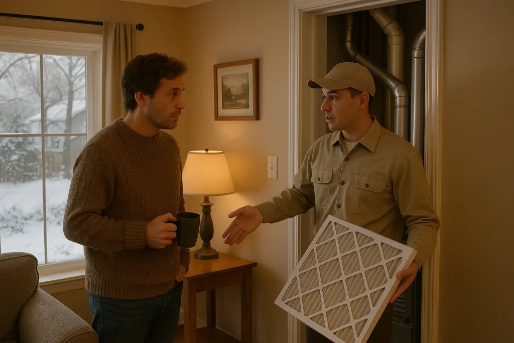 Homeowner discusses furnace air filter with HVAC technician in winter living room