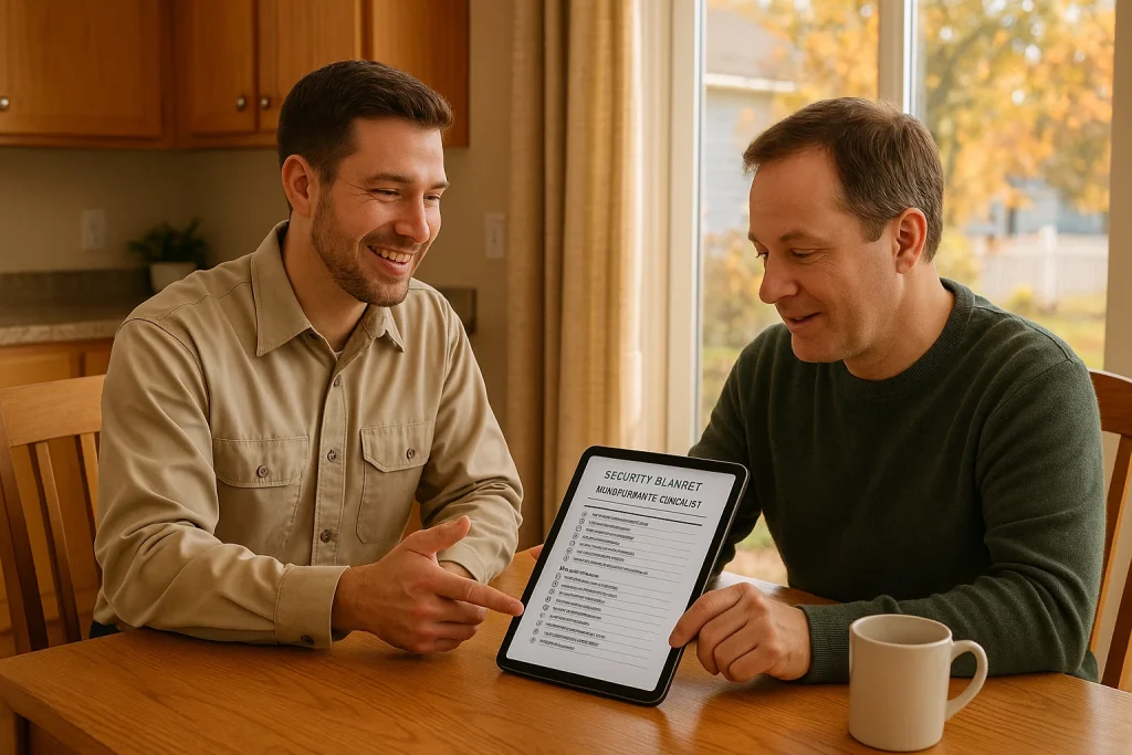 Technician discussing HVAC maintenance plan with homeowner in Wisconsin kitchen