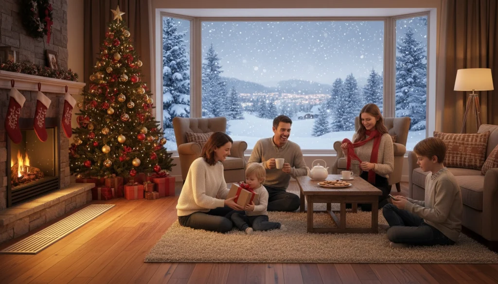 A family enjoying the holidays in a warm living room with modern heating and snow outside the window.