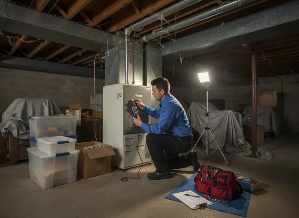 HVAC technician inspecting a furnace during a fall maintenance visit.