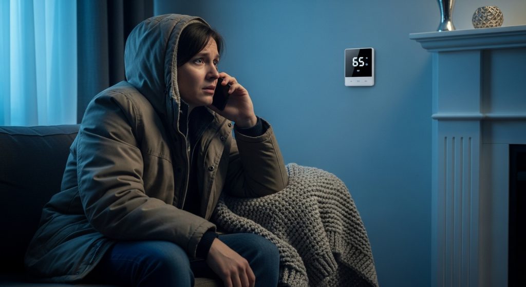 A cold homeowner in their living room wearing a thick jacket. The person is on the phone trying to get help with the cold and is looking at their thermostat, which reads 65