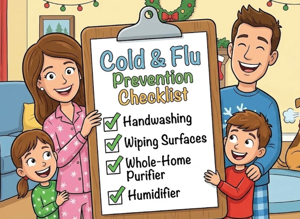 Family using a cold and flu prevention checklist with air purifier and humidifier tips highlighted.