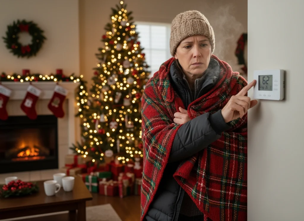 Homeowner adjusting thermostat in holiday-decorated room after noticing furnace issue