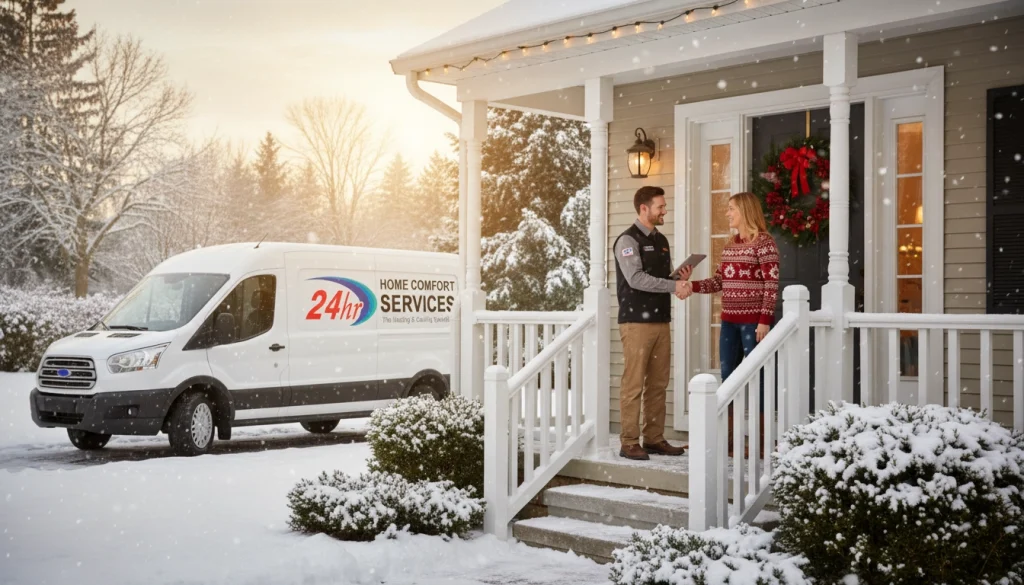 A homeowner and an HVAC tech shaking hands on the porch.