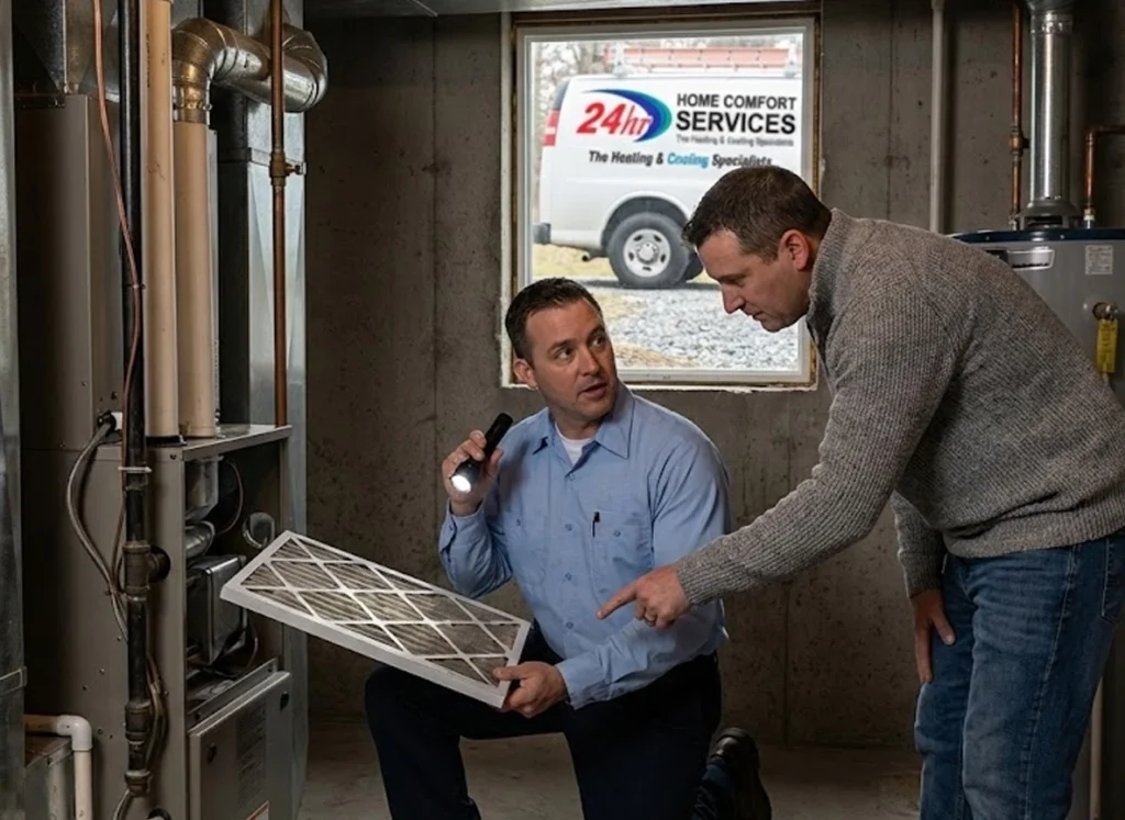 HVAC technician inspecting furnace and ductwork to fix cold air blowing from vents