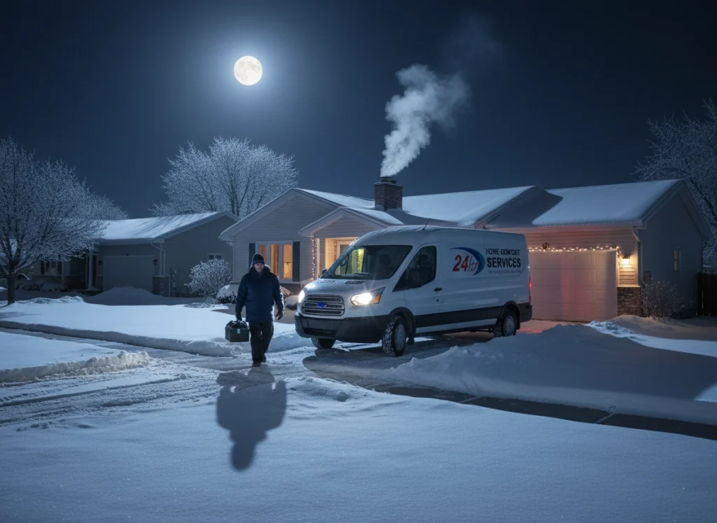 HVAC technician arriving at a Milton, WI home during a snowy winter night for emergency heating repair.