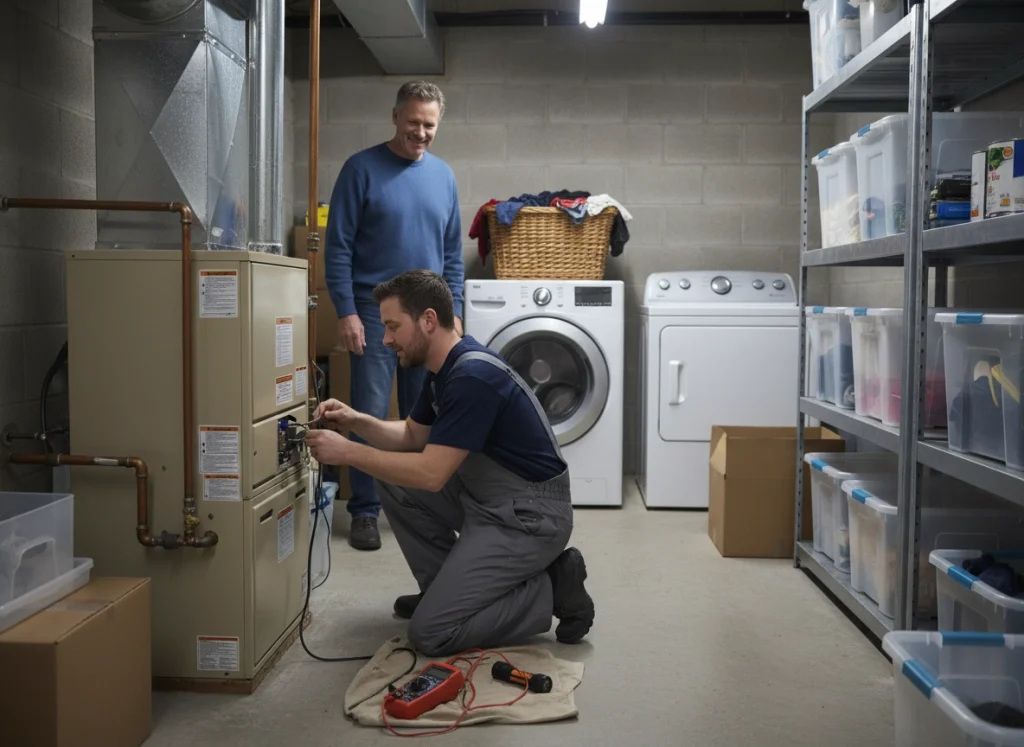 HVAC technician repairing furnace electrical connections in utility room with homeowner observing
