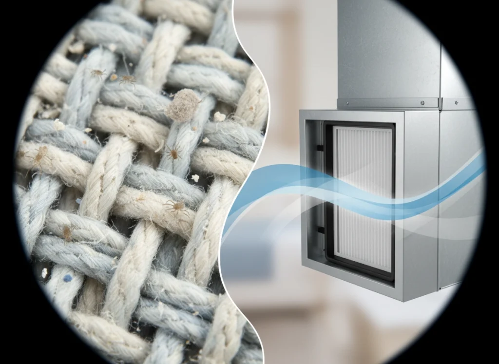 Close‑up of bedding fibers with dust mites and a whole‑home air purifier in split image