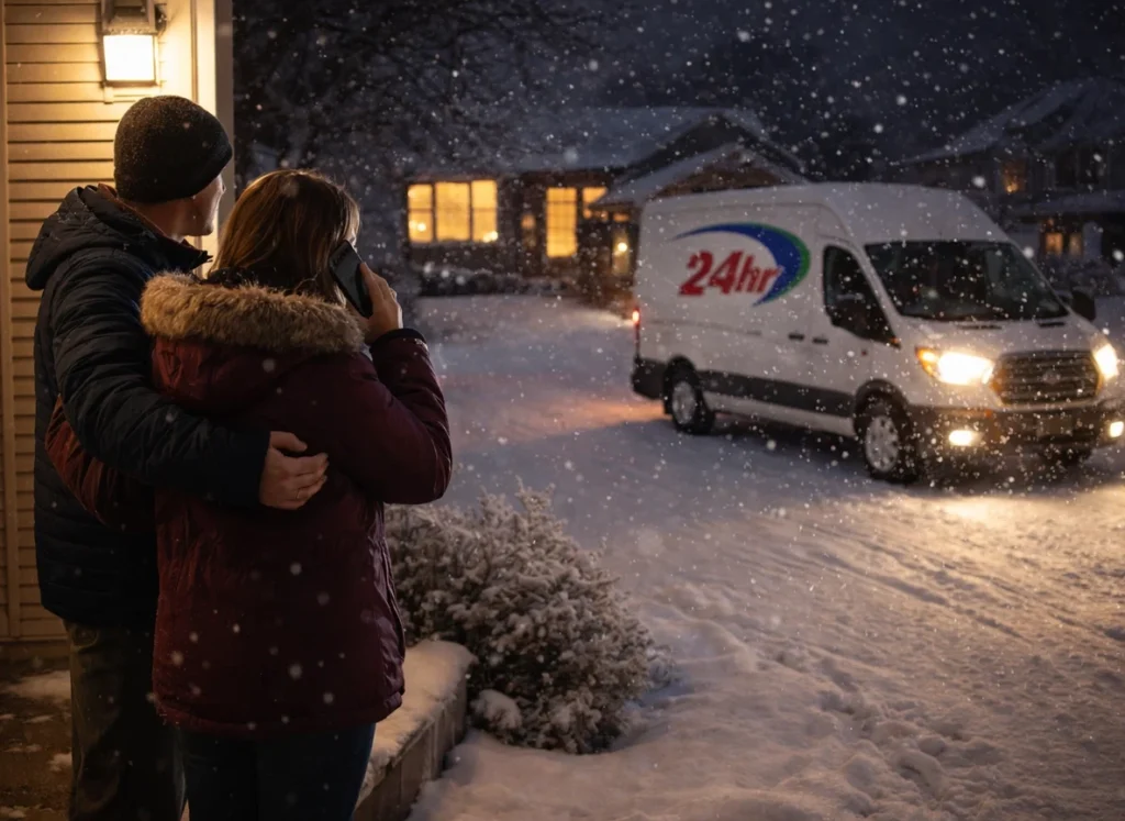 Homeowner calling for emergency heating repair outside a snowy Lake in the Hills home at night.
