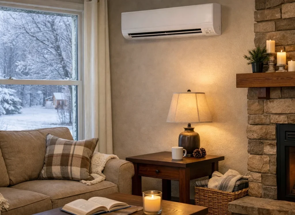 Ductless mini-split providing supplemental heat in a once-cold corner of a living room