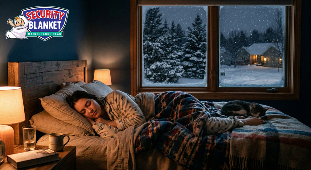 a woman peacefully asleep in her bed on a cold winter night. The room is dim and warm. There is a window on the back wall showing a winter night in Wisconsin.