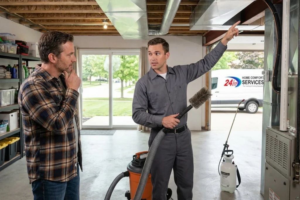 Madison homeowner learning duct cleaning versus duct spraying