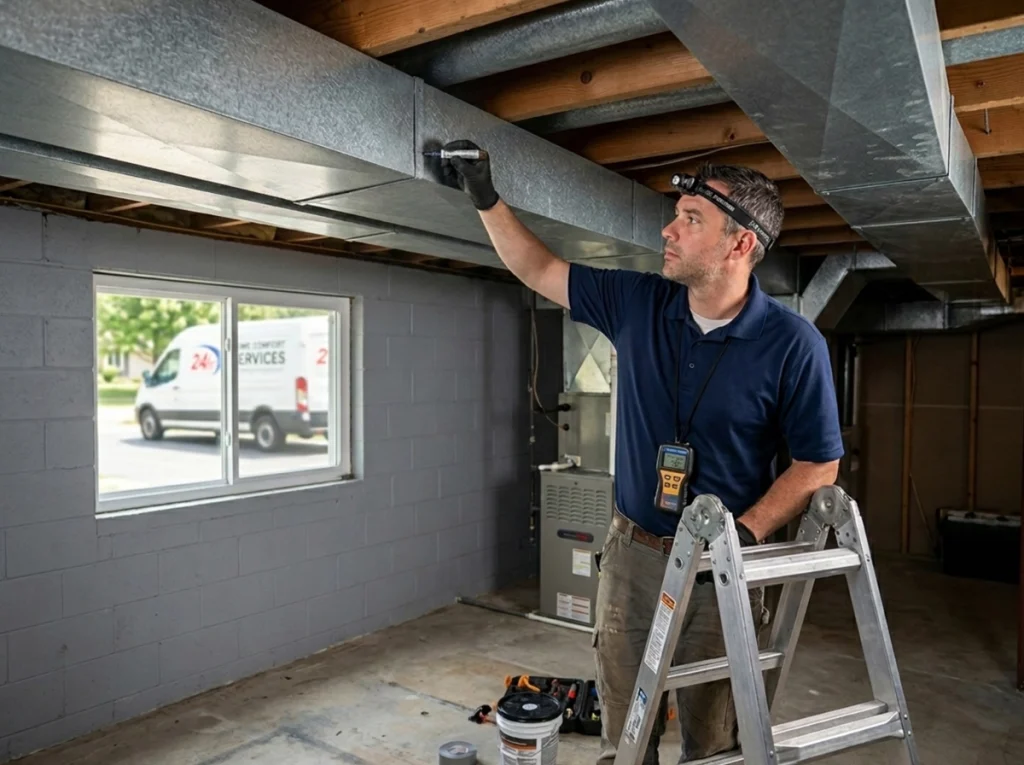 Wisconsin HVAC technicians testing and sealing upstairs ductwork.