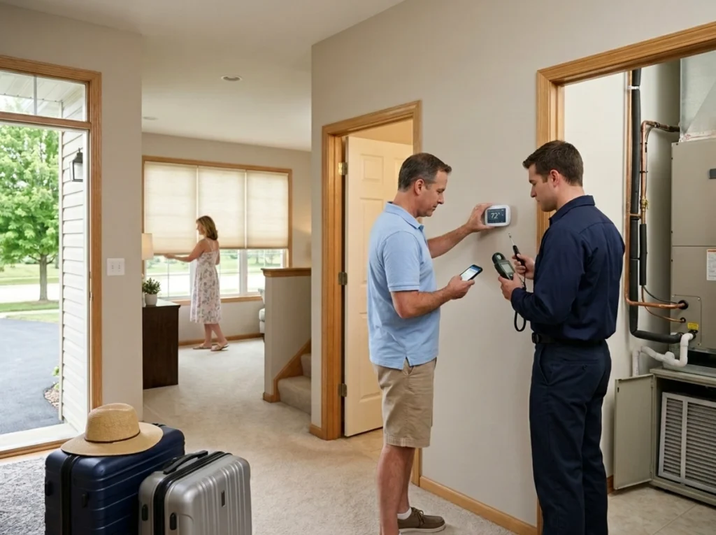 Lake in the Hills homeowners setting a WiFi thermostat before summer vacation