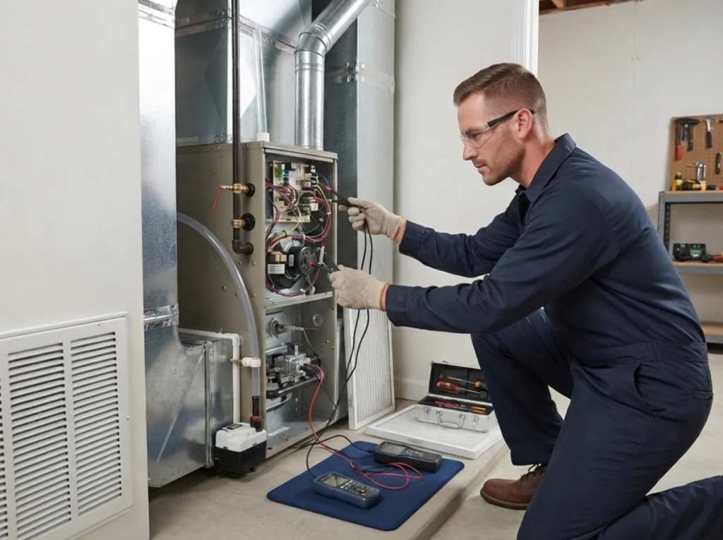 HVAC technician testing residential airflow and indoor air filtration