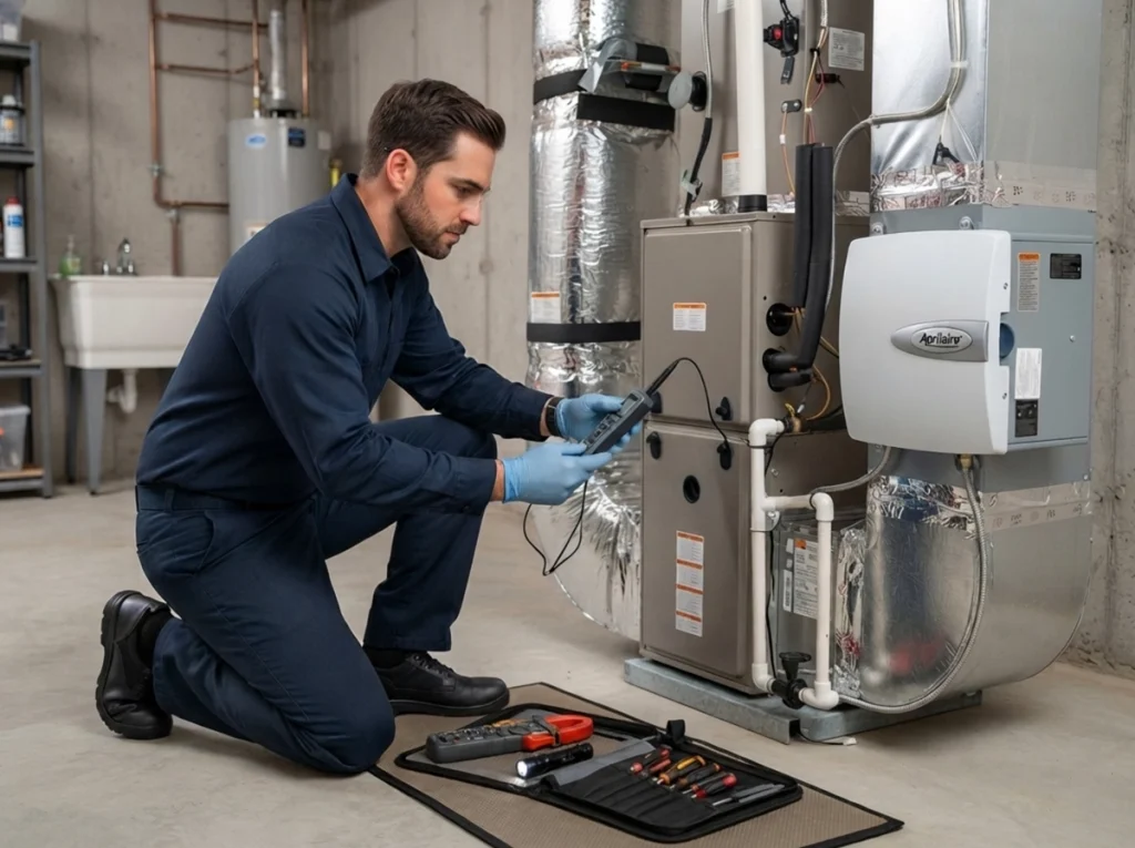 HVAC technician testing indoor humidity and AC performance