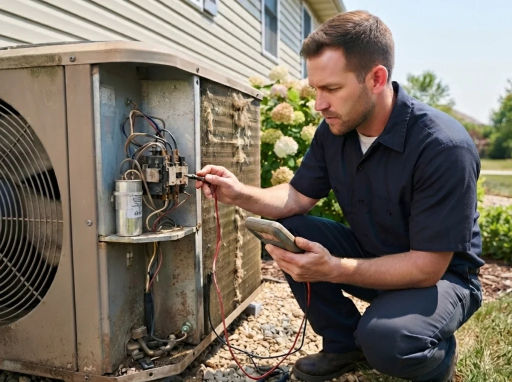 HVAC technician checking a worn condenser contactor in Lake in the Hills