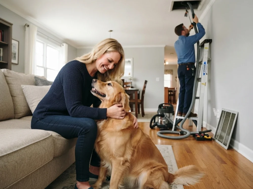A women petting her dog while an HVAC tech cleans out the duct work.