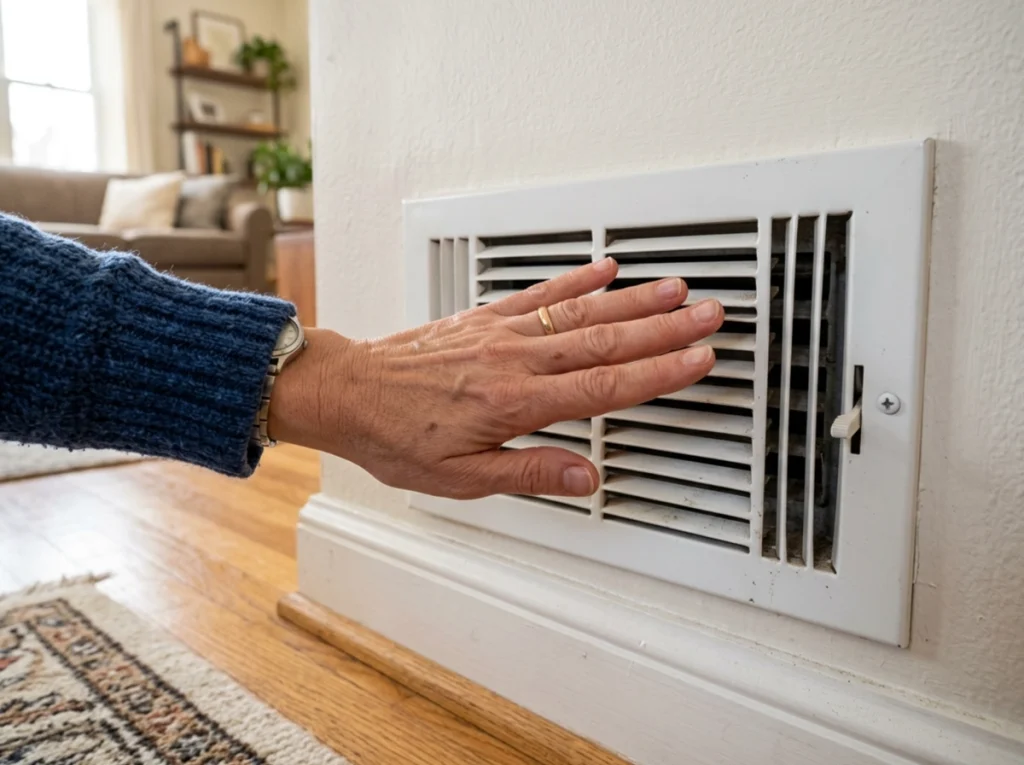The homeowner feeling for air coming through a heating vent